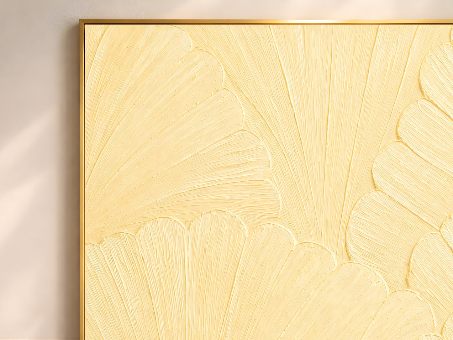 Close-up of butter yellow scalloped mosaic print in a thin gold frame, showing impasto texture detail