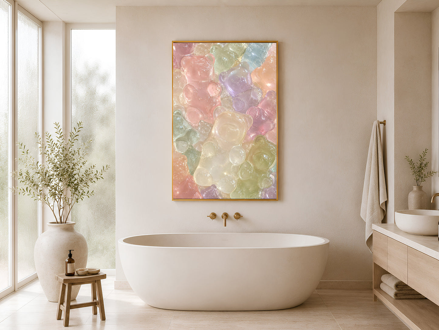 Pink Glass Bear Wall Art in Spa Bathroom, Murano Glass Inspired Pastel Printable Artwork