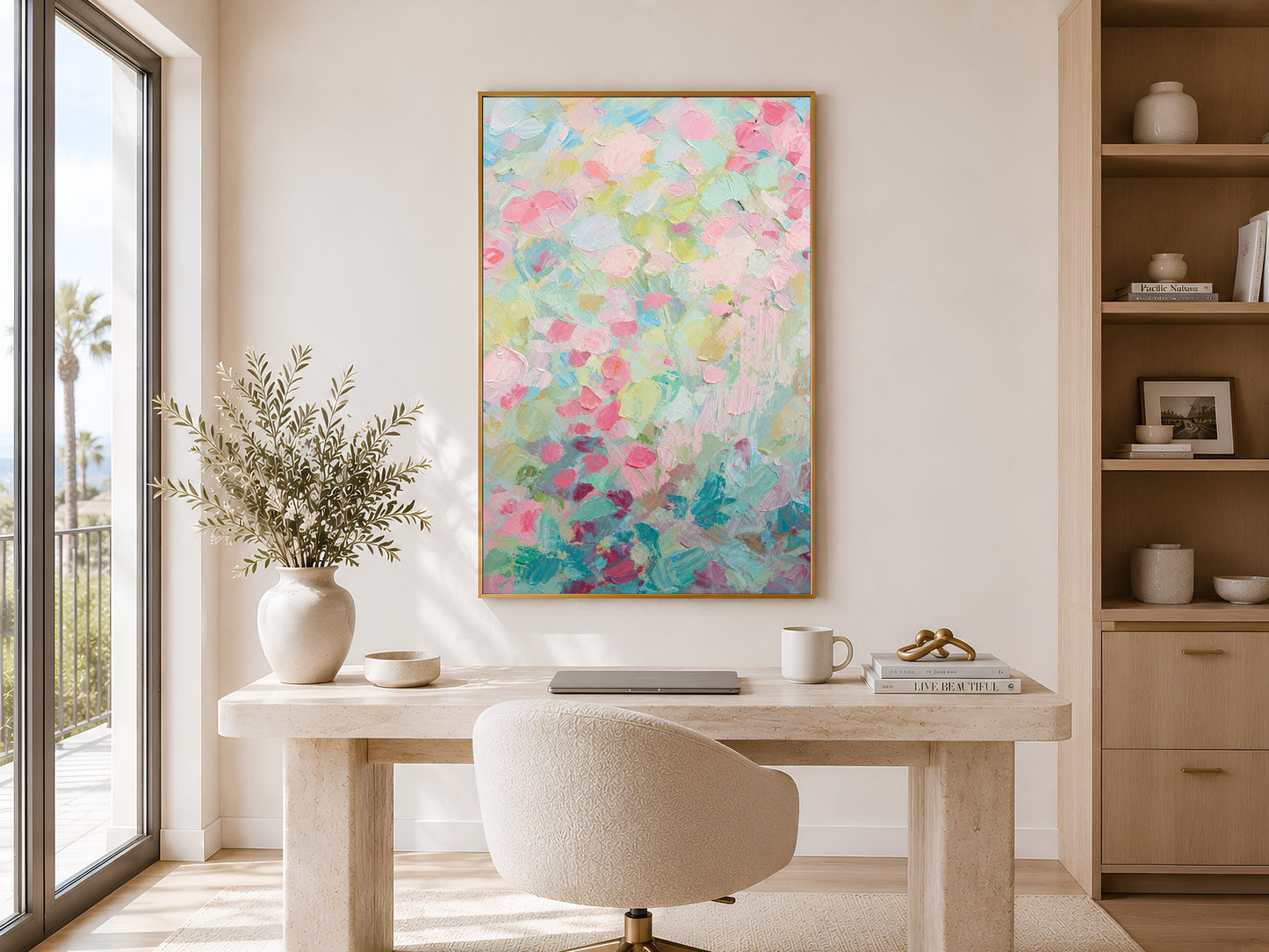 Pastel floral impasto wall art framed above home office desk with bookshelf and window
