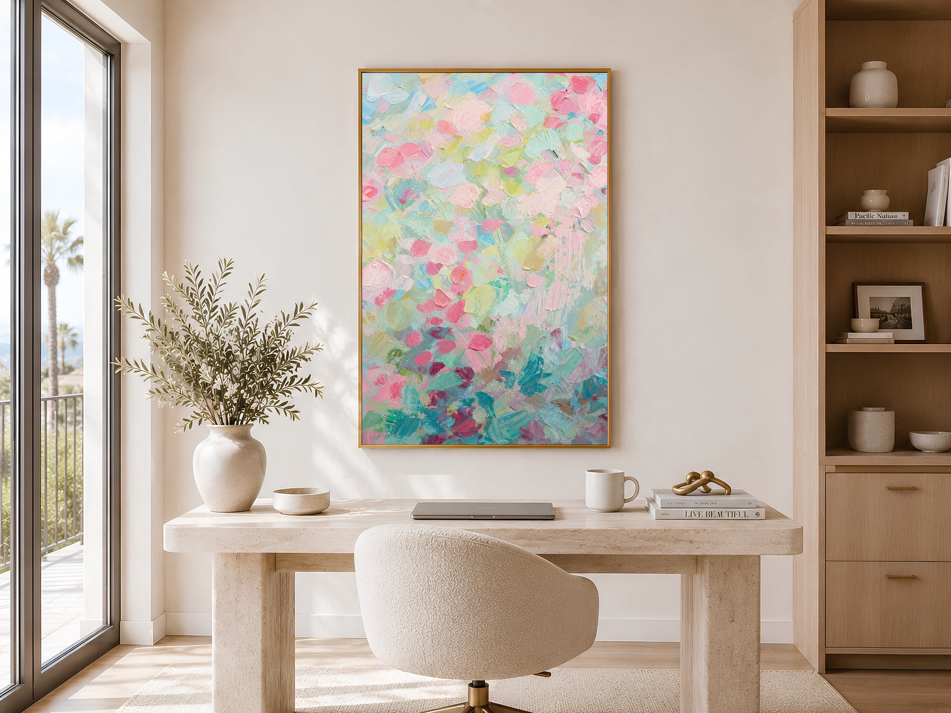 Pastel floral impasto wall art framed above home office desk with bookshelf and window
