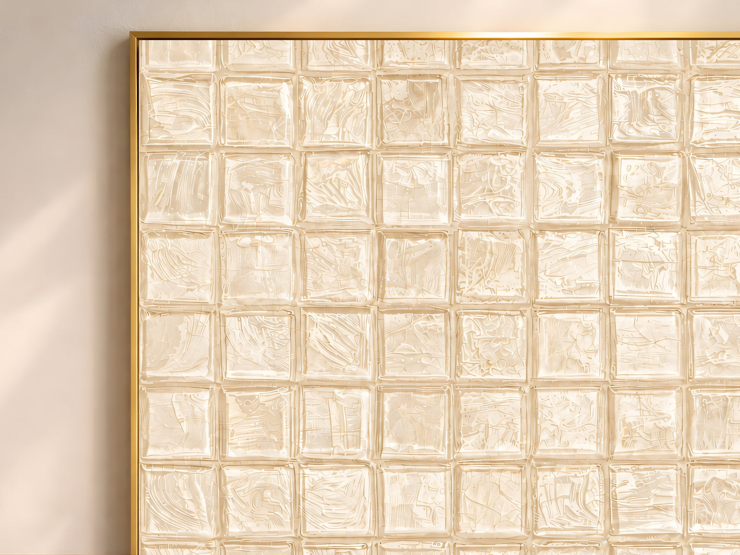 Close-up of warm beige impasto mosaic tile wall art in a gold frame showing swirling brushstroke texture and sandy cream tones on each tile square
