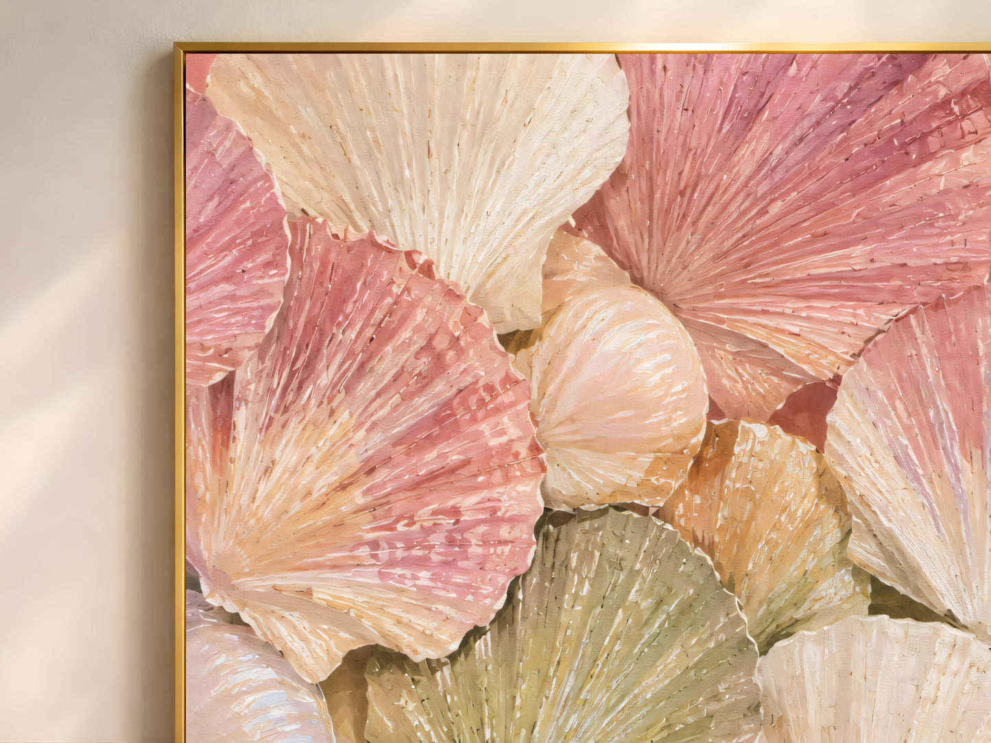 Close-up of scallop shell wall art in a thin gold frame, textured impasto seashell painting in pink and sage green