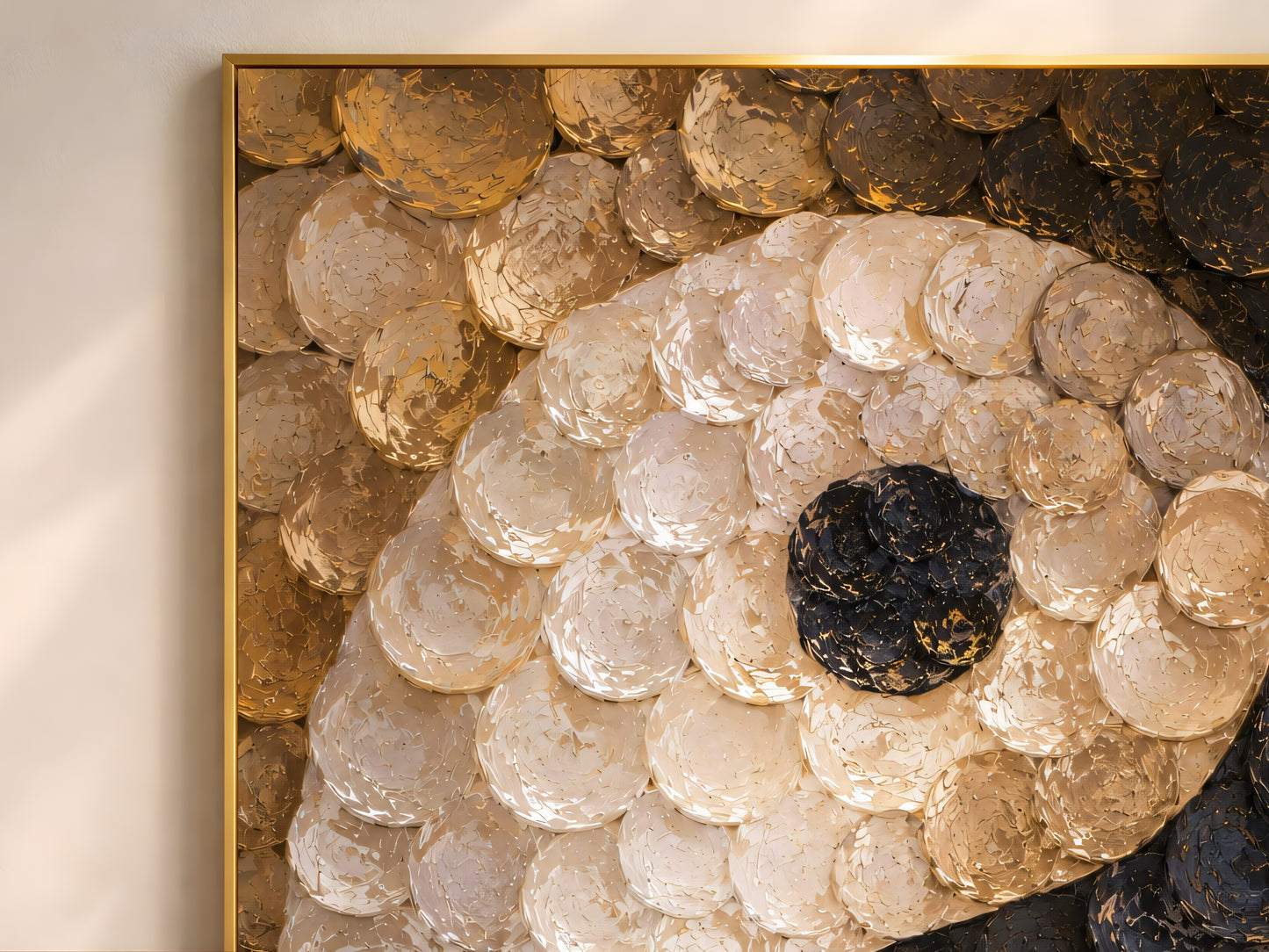 Close-up of capiz shell yin yang wall art showing iridescent black gold texture

