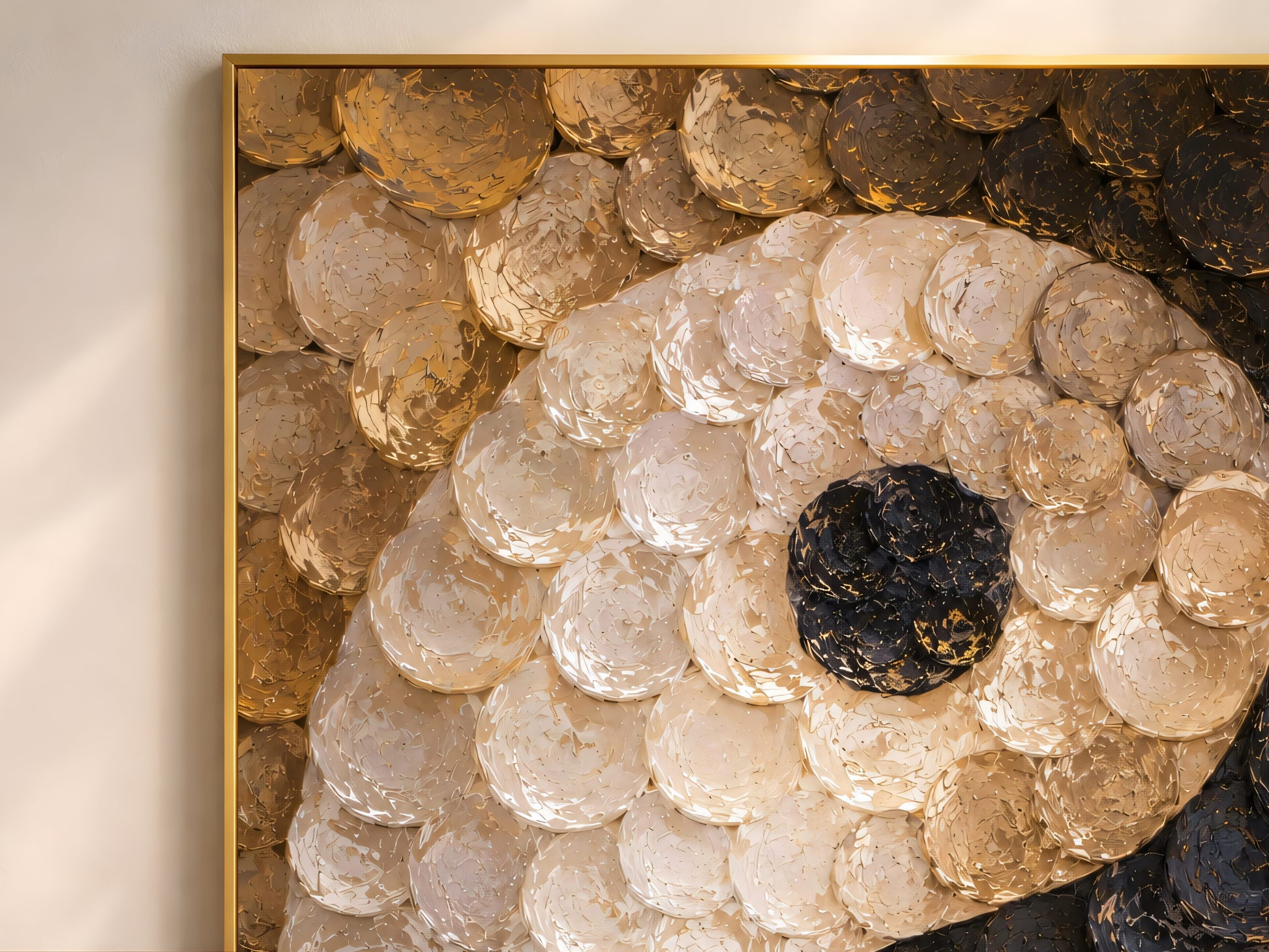 Close-up of capiz shell yin yang wall art showing iridescent black gold texture
