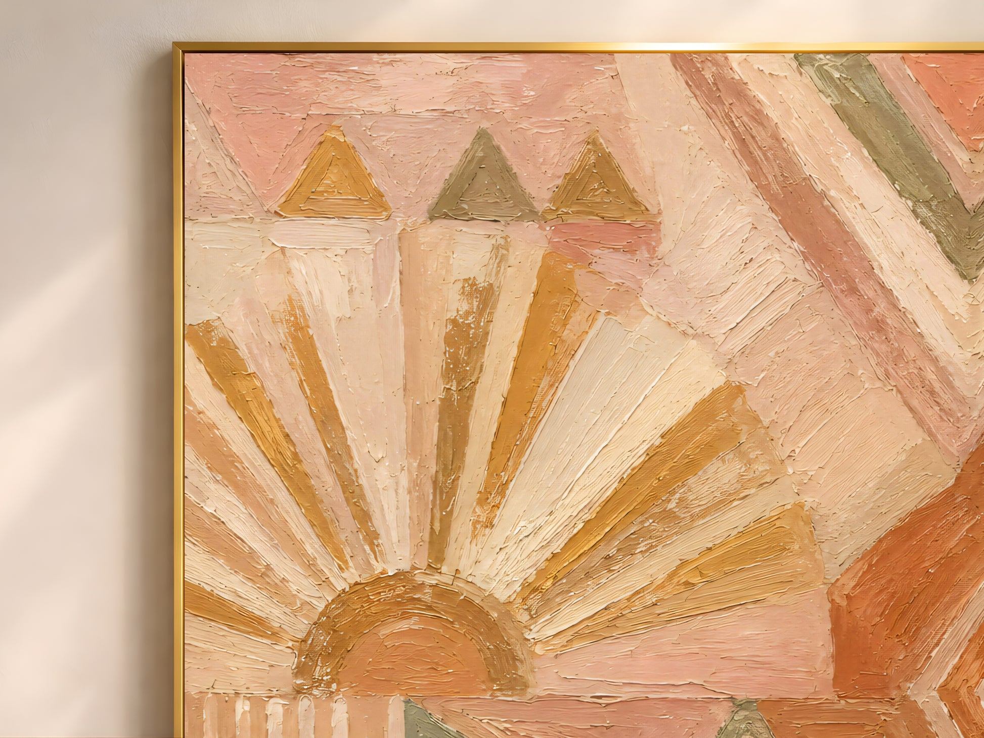 Close-up of impasto oil painting texture in terracotta sunburst and sage diamond wall art print, visible palette knife brushstrokes
