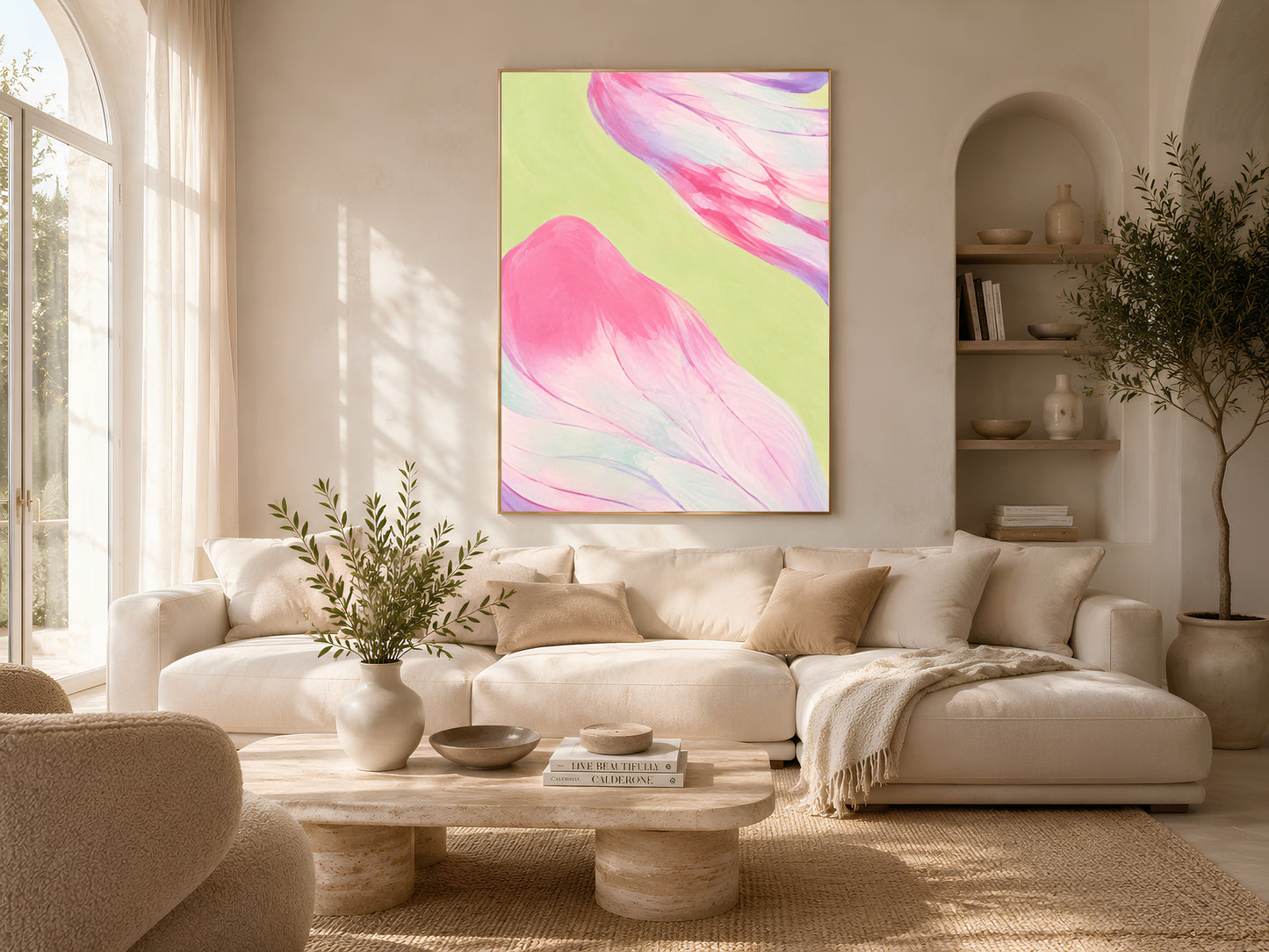 Pink and purple abstract art above boucle sofa, maximalist living room decor