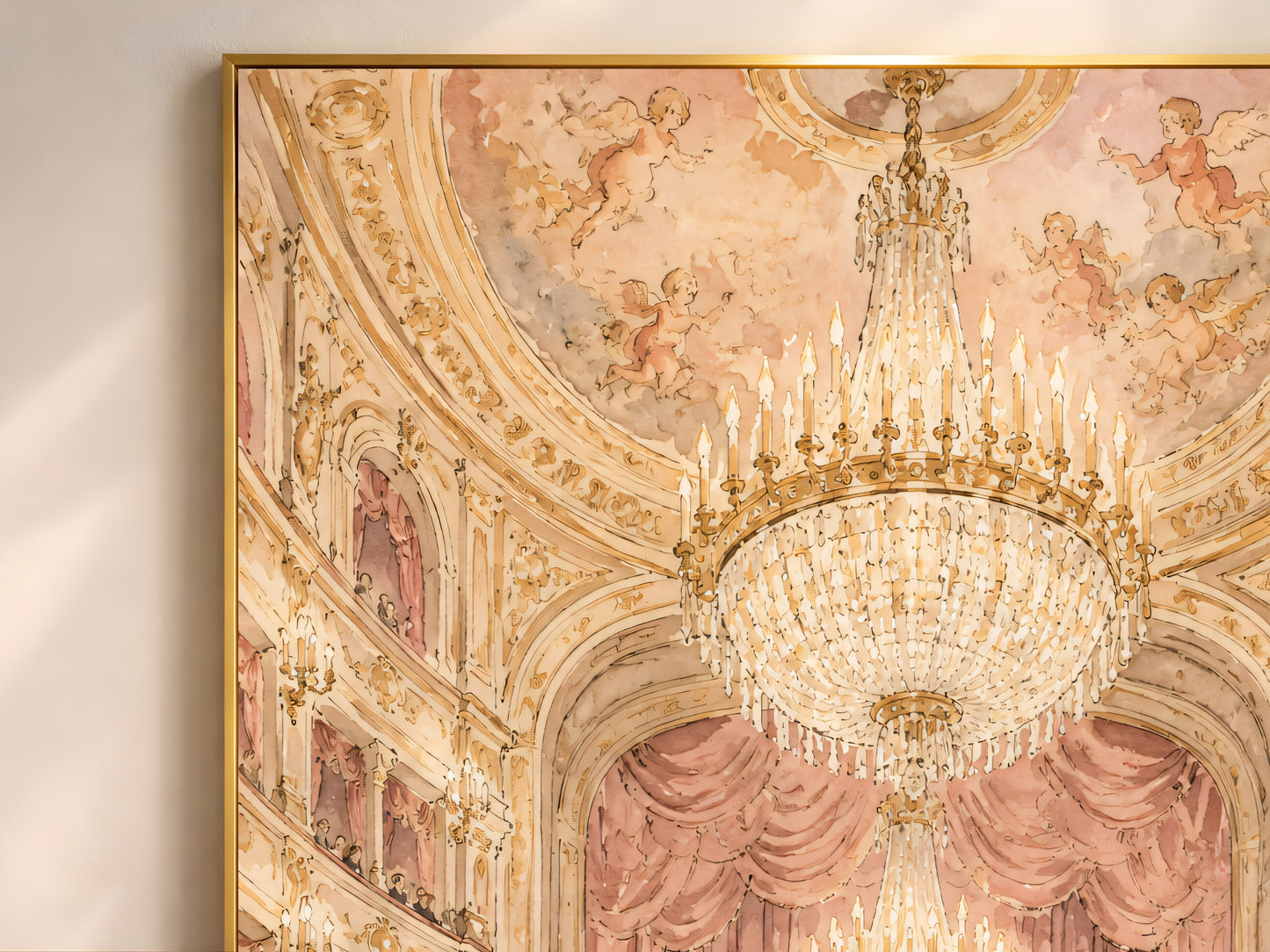 Close-up detail of opera house ceiling and chandelier watercolor illustration, concert hall wall art texture
