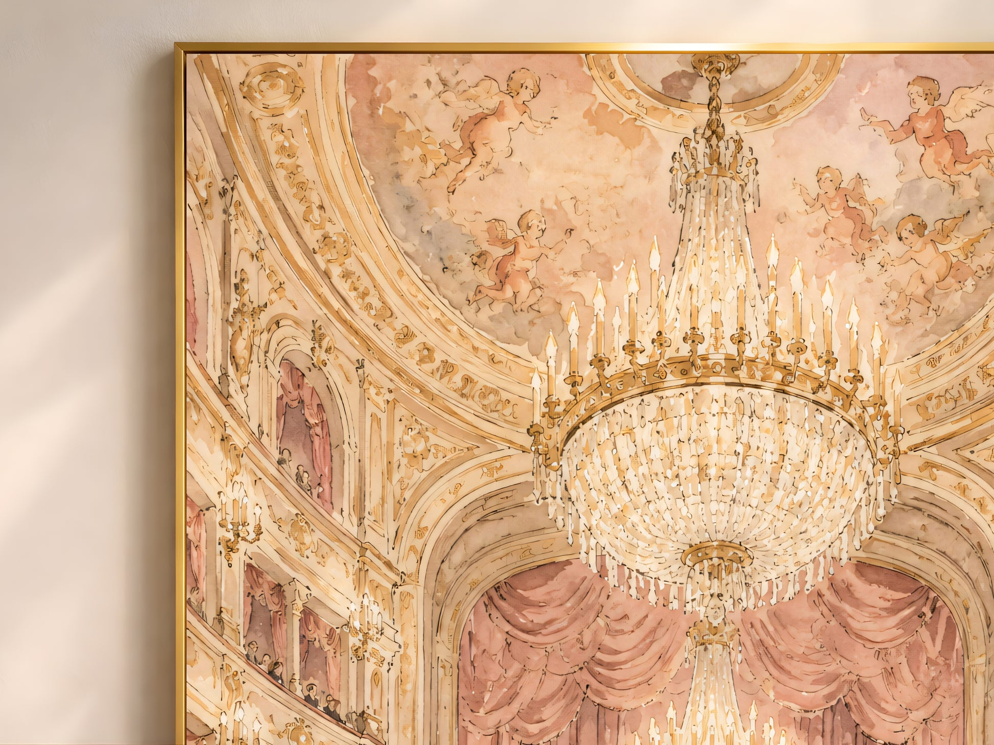 Close-up detail of opera house ceiling and chandelier watercolor illustration, concert hall wall art texture
