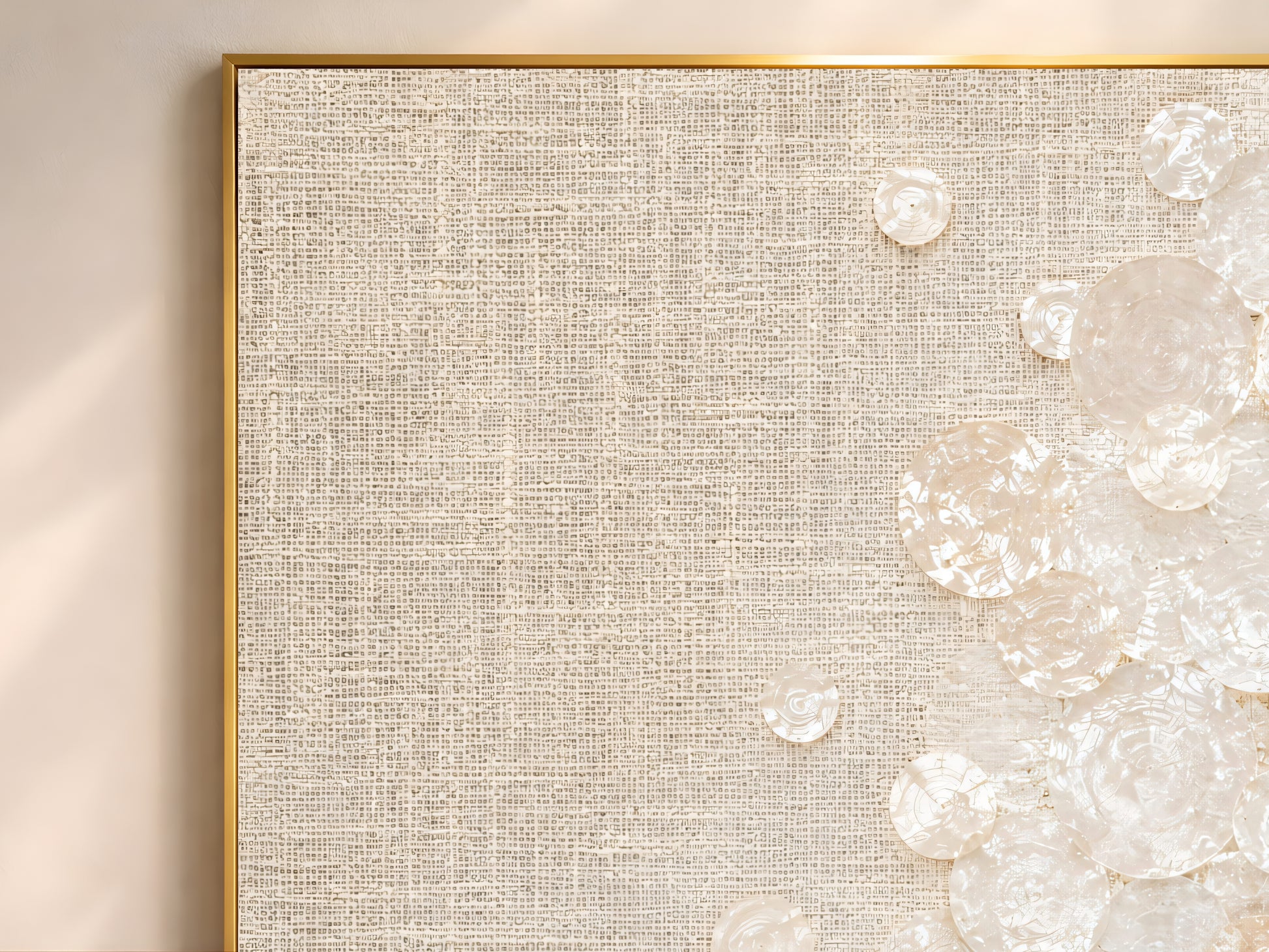 Close-up detail of capiz shell clusters on woven linen texture in ivory and cream tones
