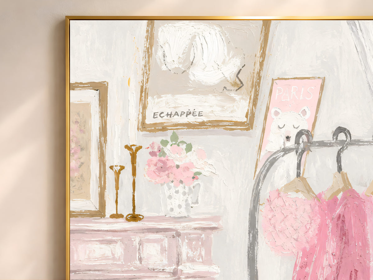 Close-up of coquette bedroom illustration showing a pink garment rack, framed "ECHAPPÉE" art, and candlesticks on a mantel
