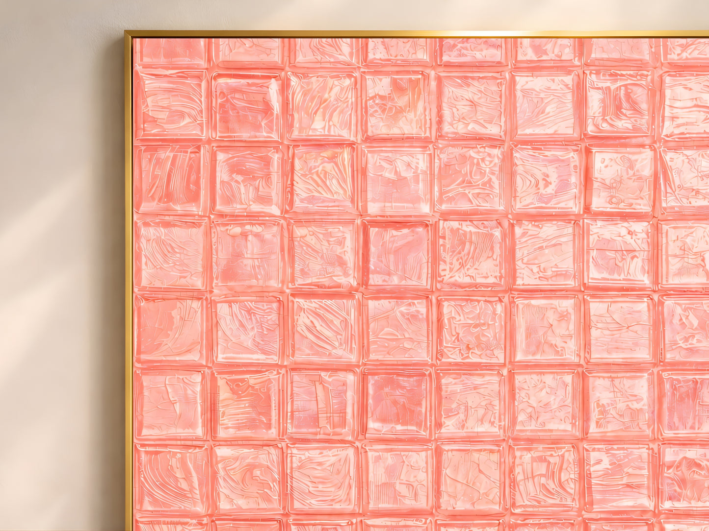 Close-up of salmon coral impasto mosaic tile wall art in a gold frame showing swirling brushstroke texture detail on each tile square
