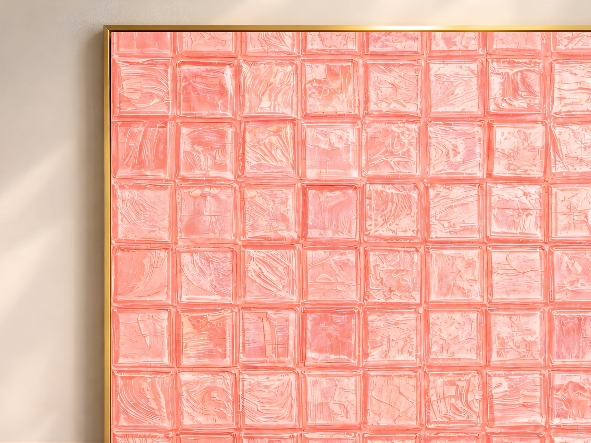 Close-up of salmon coral impasto mosaic tile wall art in a gold frame showing swirling brushstroke texture detail on each tile square
