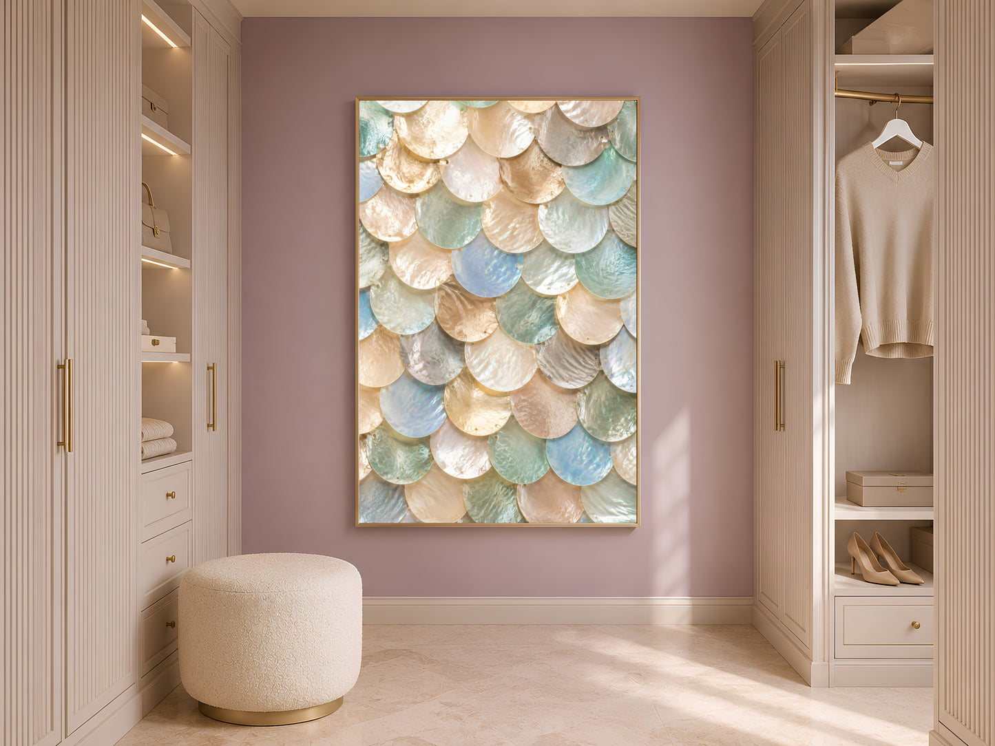 Iridescent shell wall art framed in a boutique-style dressing room with open closet shelving