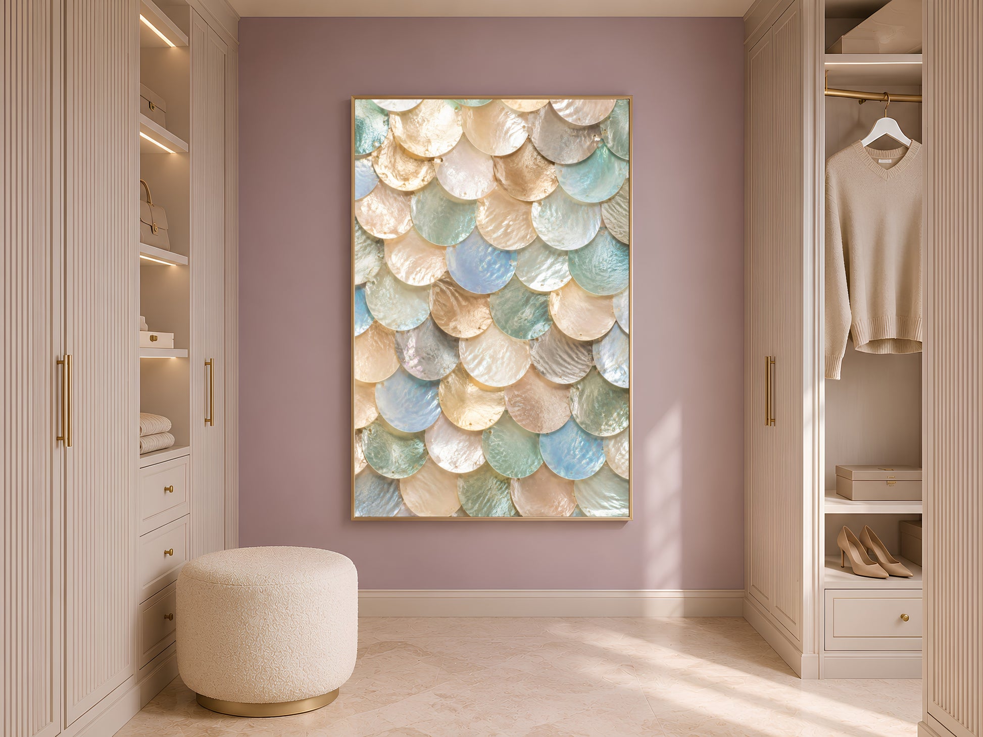 Iridescent shell wall art framed in a boutique-style dressing room with open closet shelving