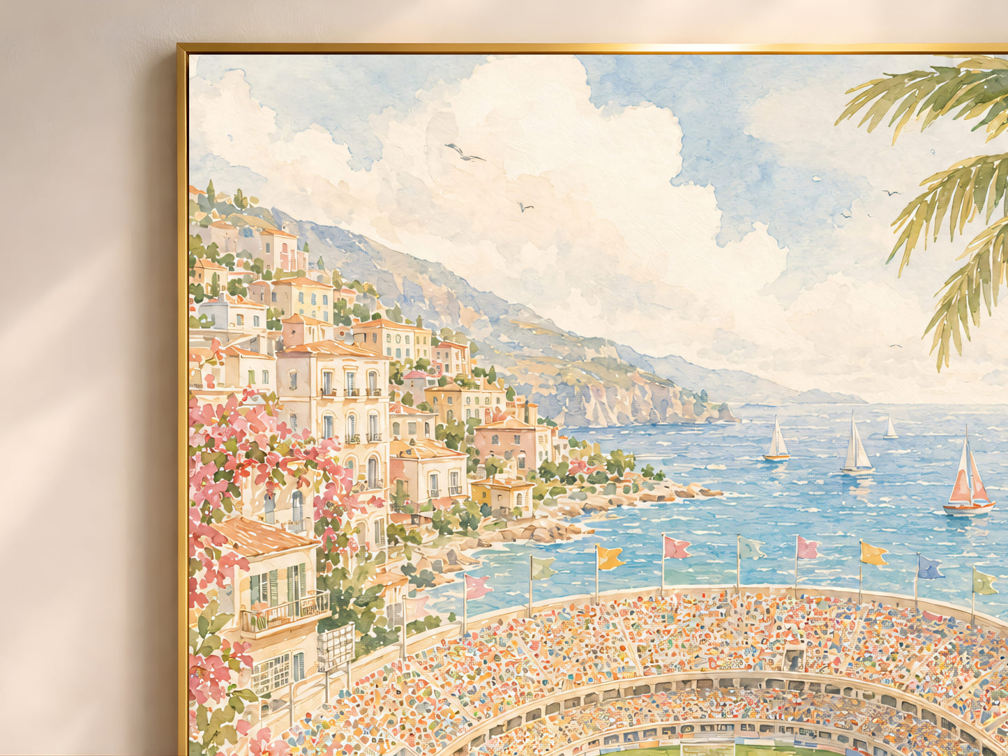 Close-up detail of the watercolor painting, showing the pastel cliffside town, sailboats, and packed stadium terraces in soft brushwork.
