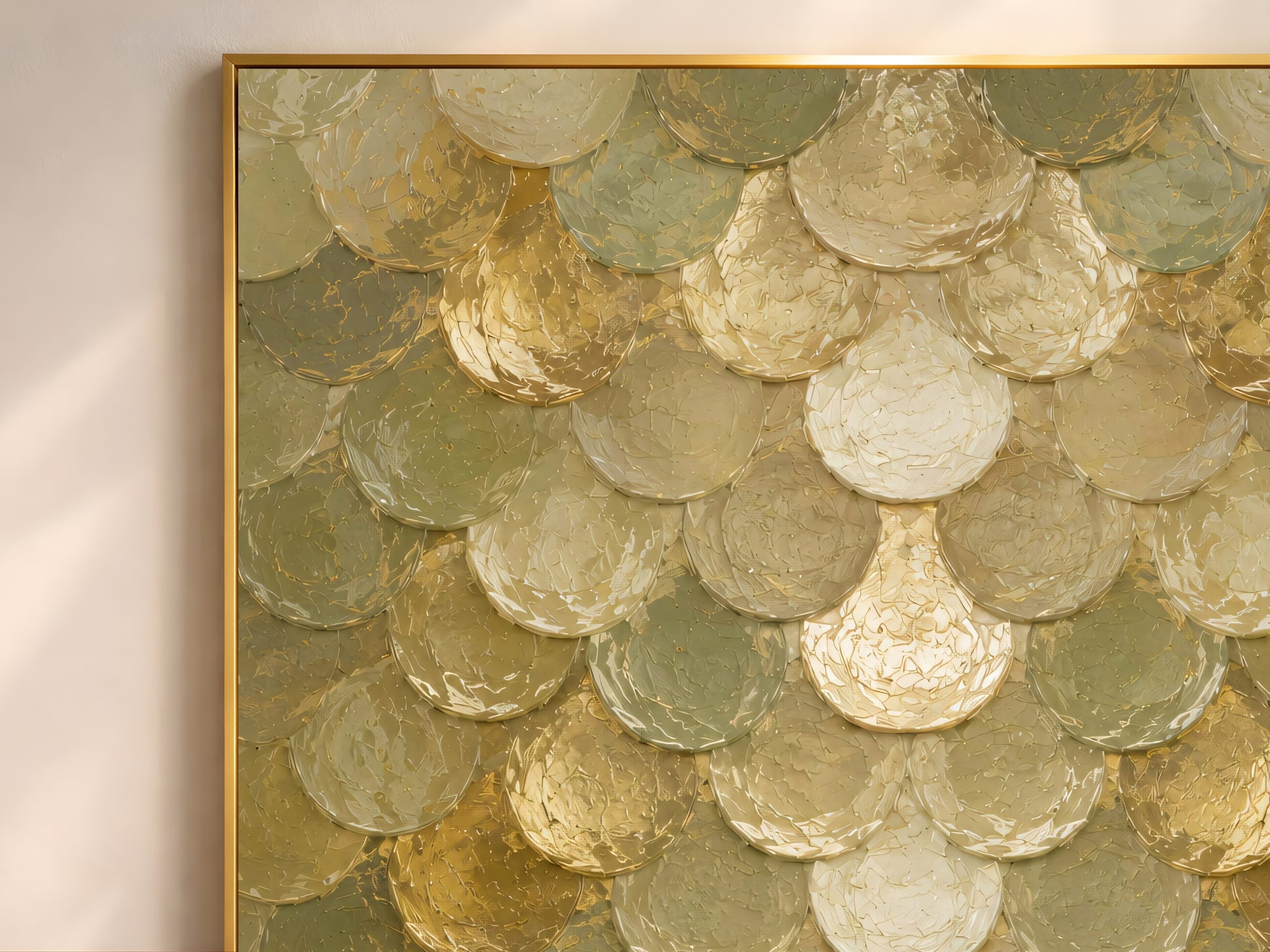 Close-up of sage green capiz shell wall art showing iridescent olive gold texture
