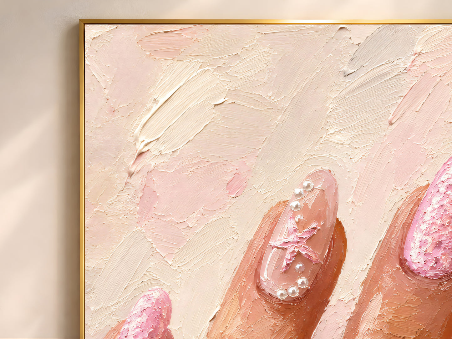 Close-up of impasto manicure painting showing pearl nail detail and brushstroke texture