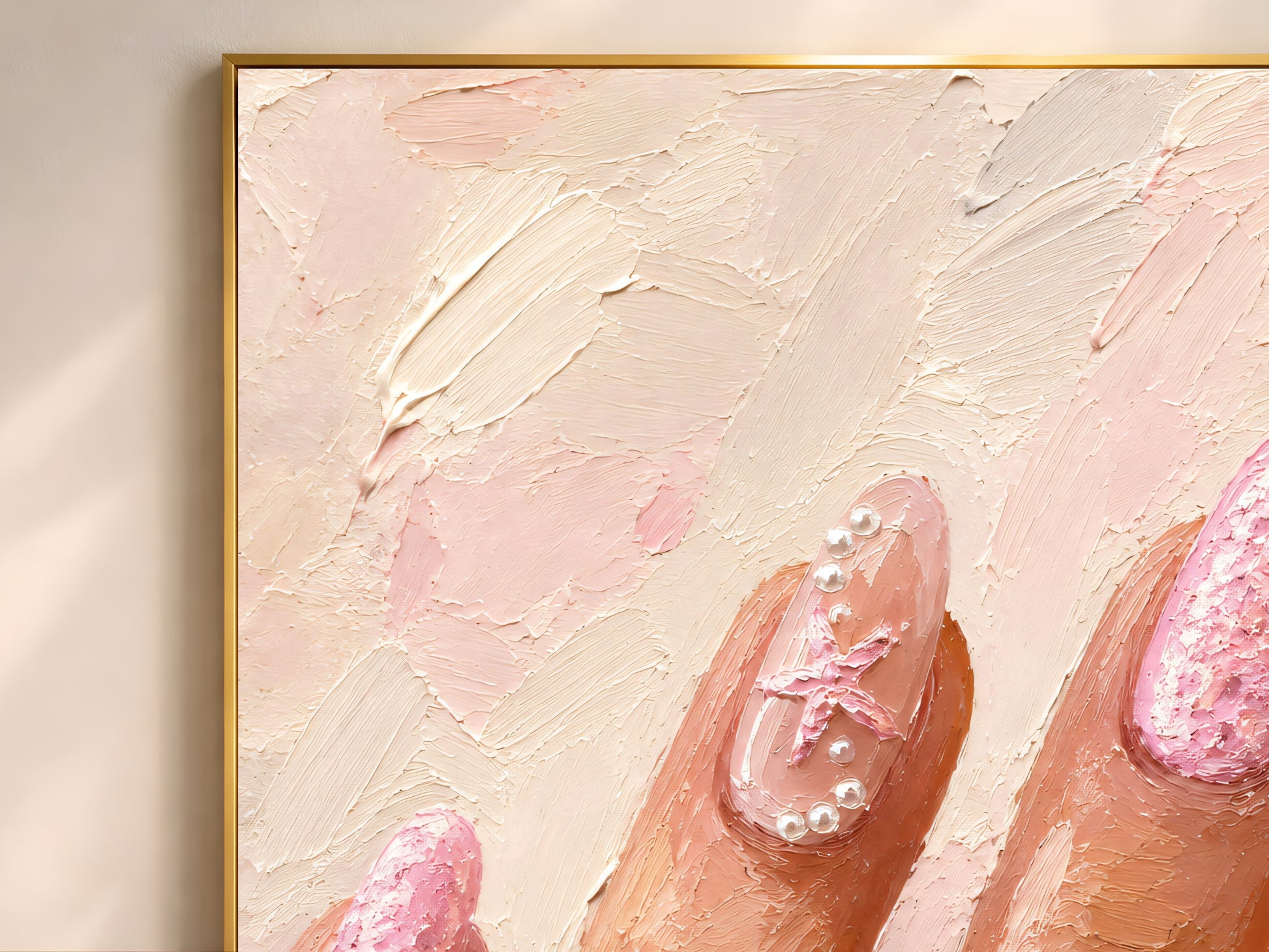 Close-up of impasto manicure painting showing pearl nail detail and brushstroke texture