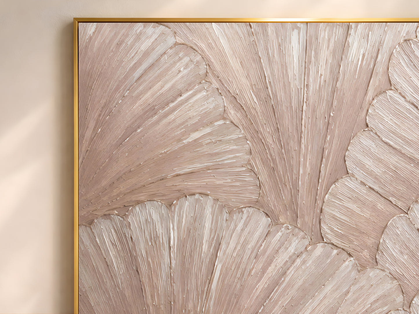 Close-up of thin gold frame edge on scalloped mosaic print, showing impasto texture detail

