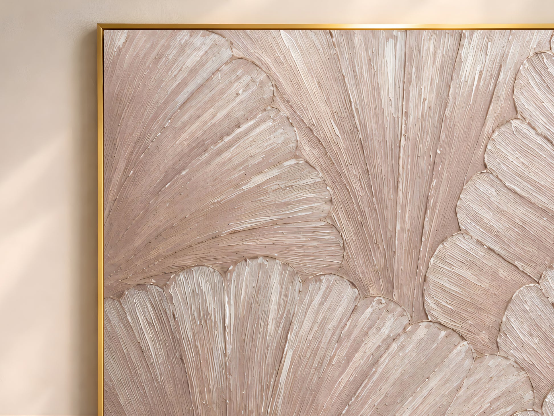 Close-up of thin gold frame edge on scalloped mosaic print, showing impasto texture detail
