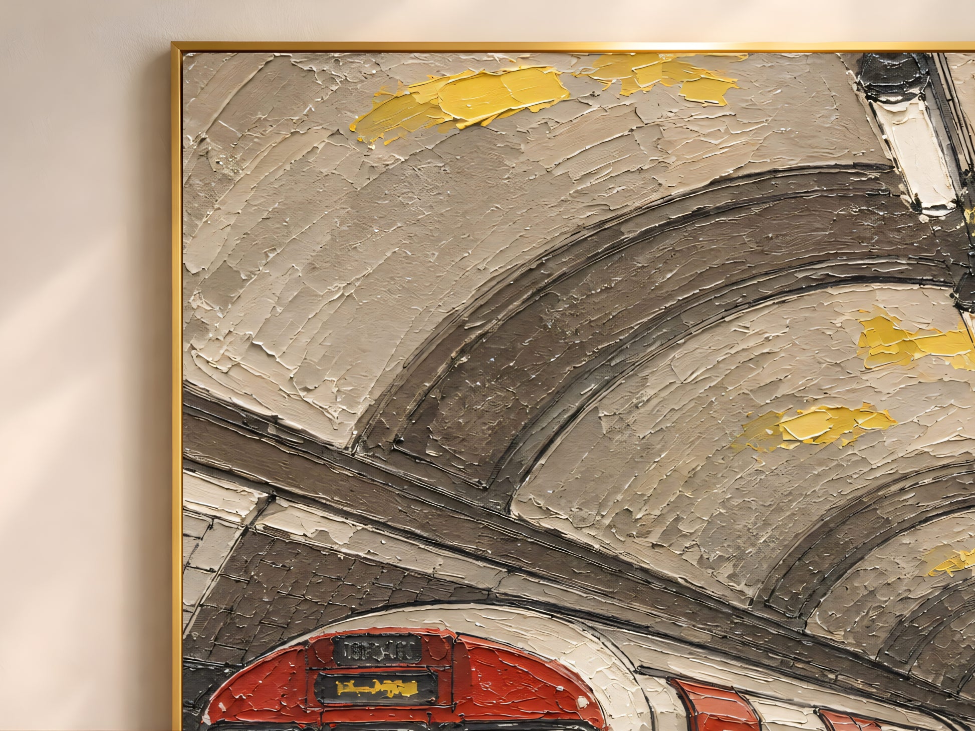 Close-up of impasto oil painting texture showing the curved tunnel ceiling and gold light details of a London Underground platform scene
