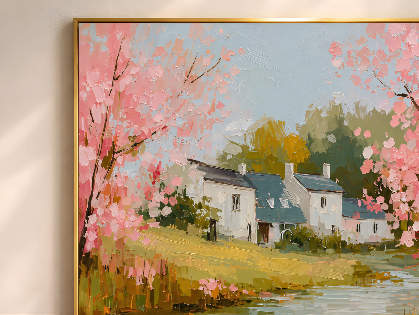 Close-up of mallard duck pond painting, impasto cherry blossom cottage art in thin gold frame