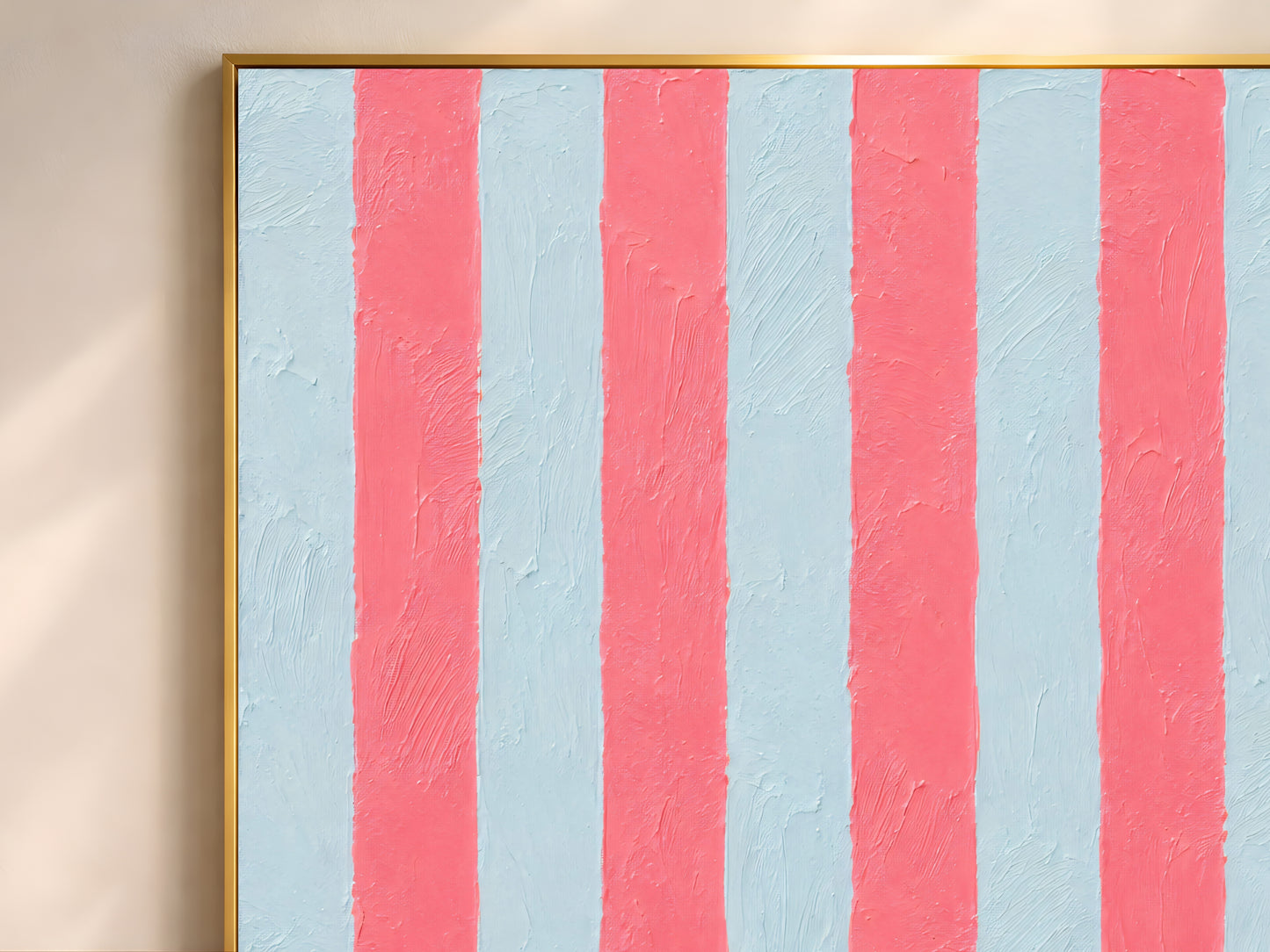 Close-up of impasto pink and blue stripe wall art showing thick brushstroke texture
