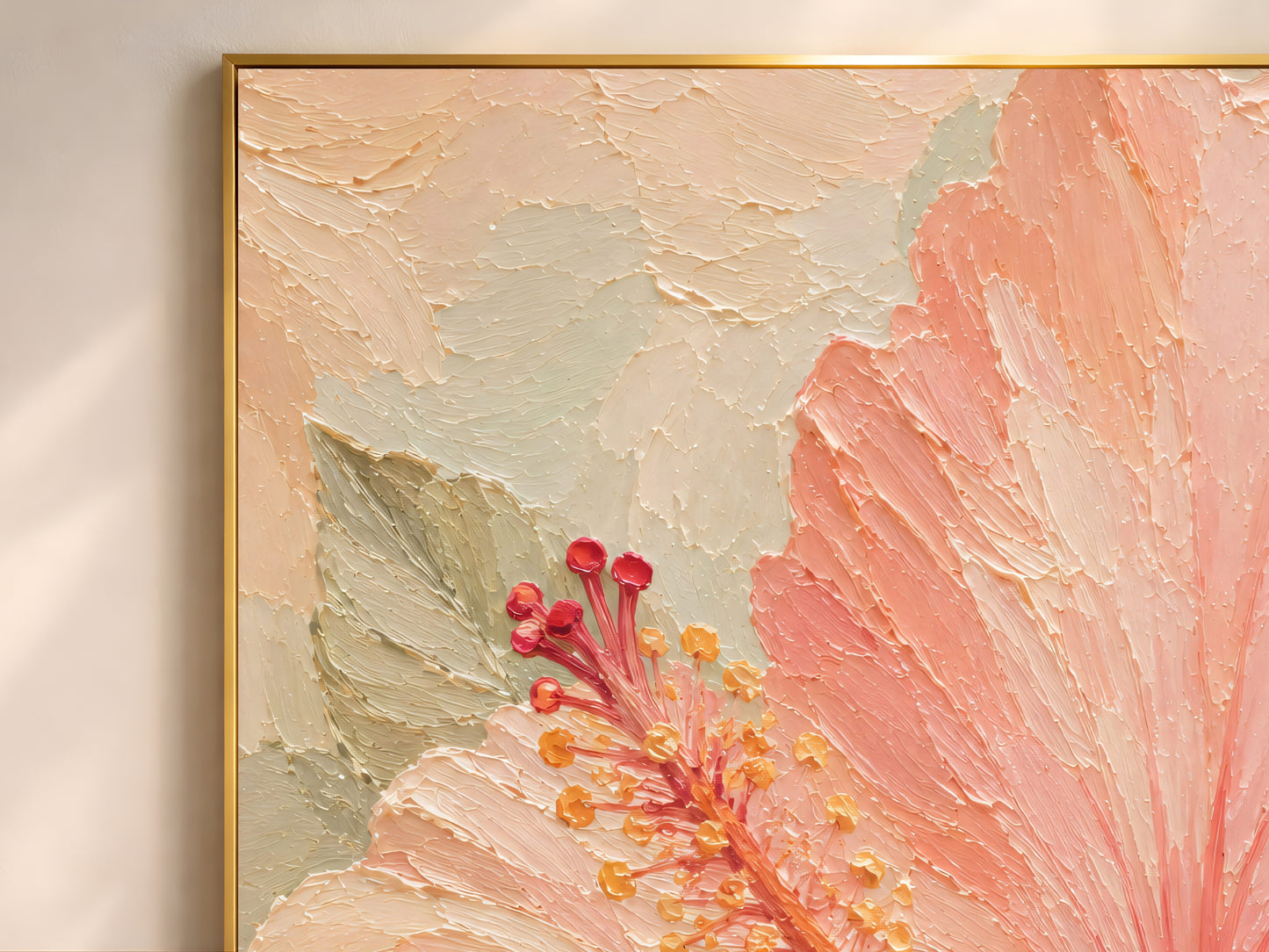 Close-up detail of the impasto oil painting texture showing peach petals and sage green leaves
