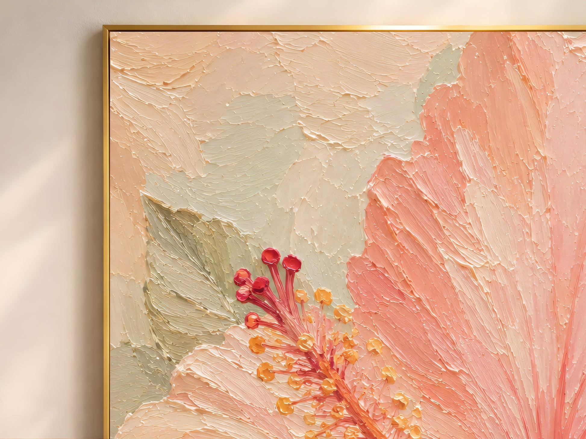 Close-up detail of the impasto oil painting texture showing peach petals and sage green leaves
