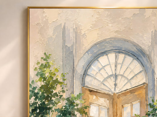 Close-up of impasto oil painting texture showing an arched French door, potted greenery, and warm gold light in a Mediterranean courtyard scene
