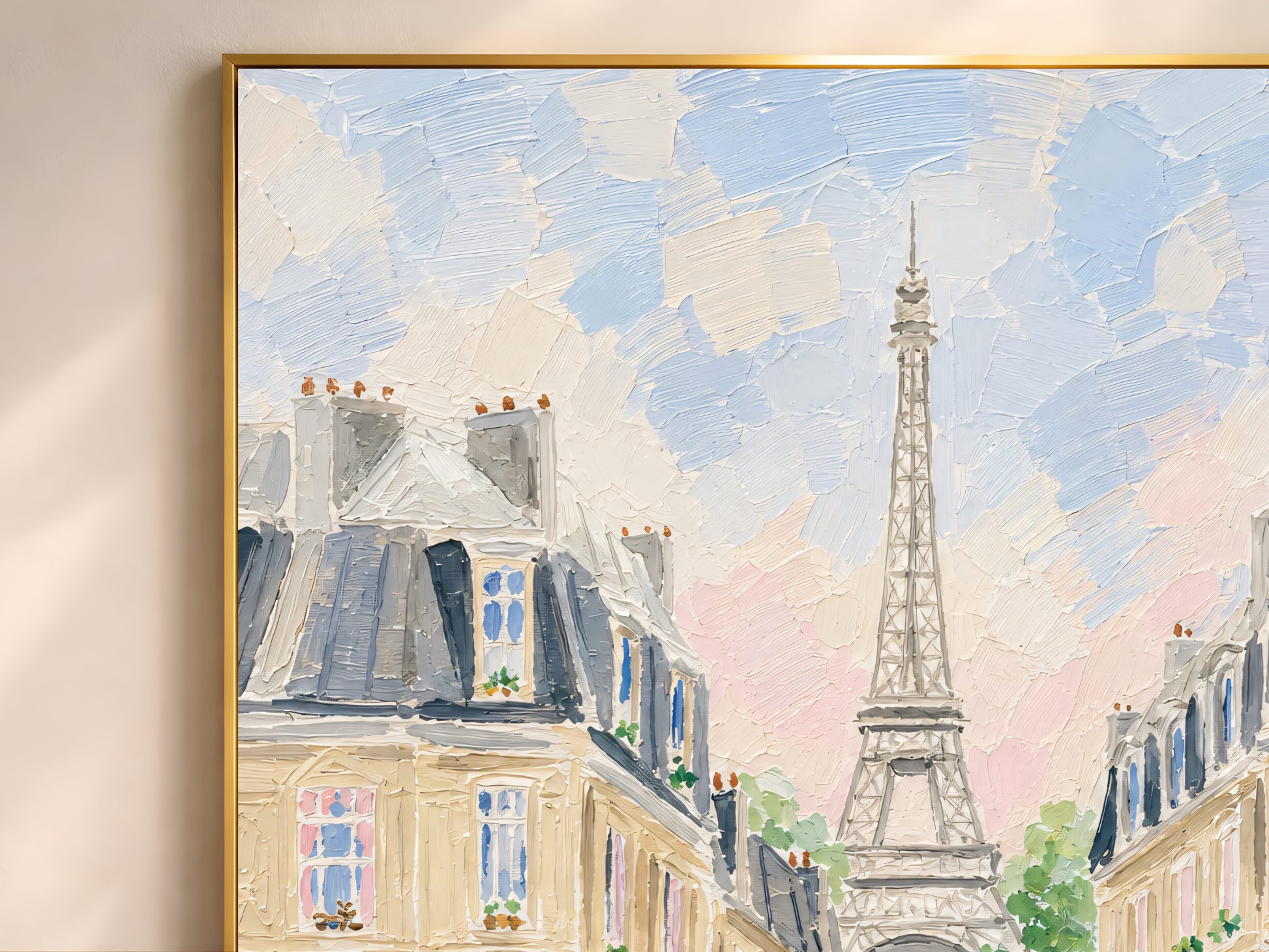 Close-up of impasto oil painting Paris street scene wall art in a gold frame showing Eiffel Tower, Haussmann buildings, and cobblestone boulevard detail
