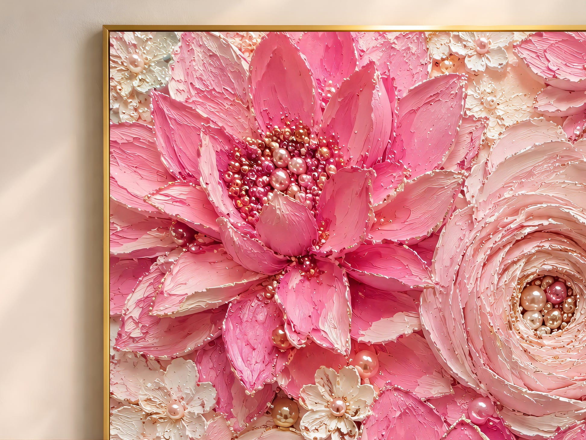 Close-up of textured impasto dahlia painting with pearl and crystal centers
