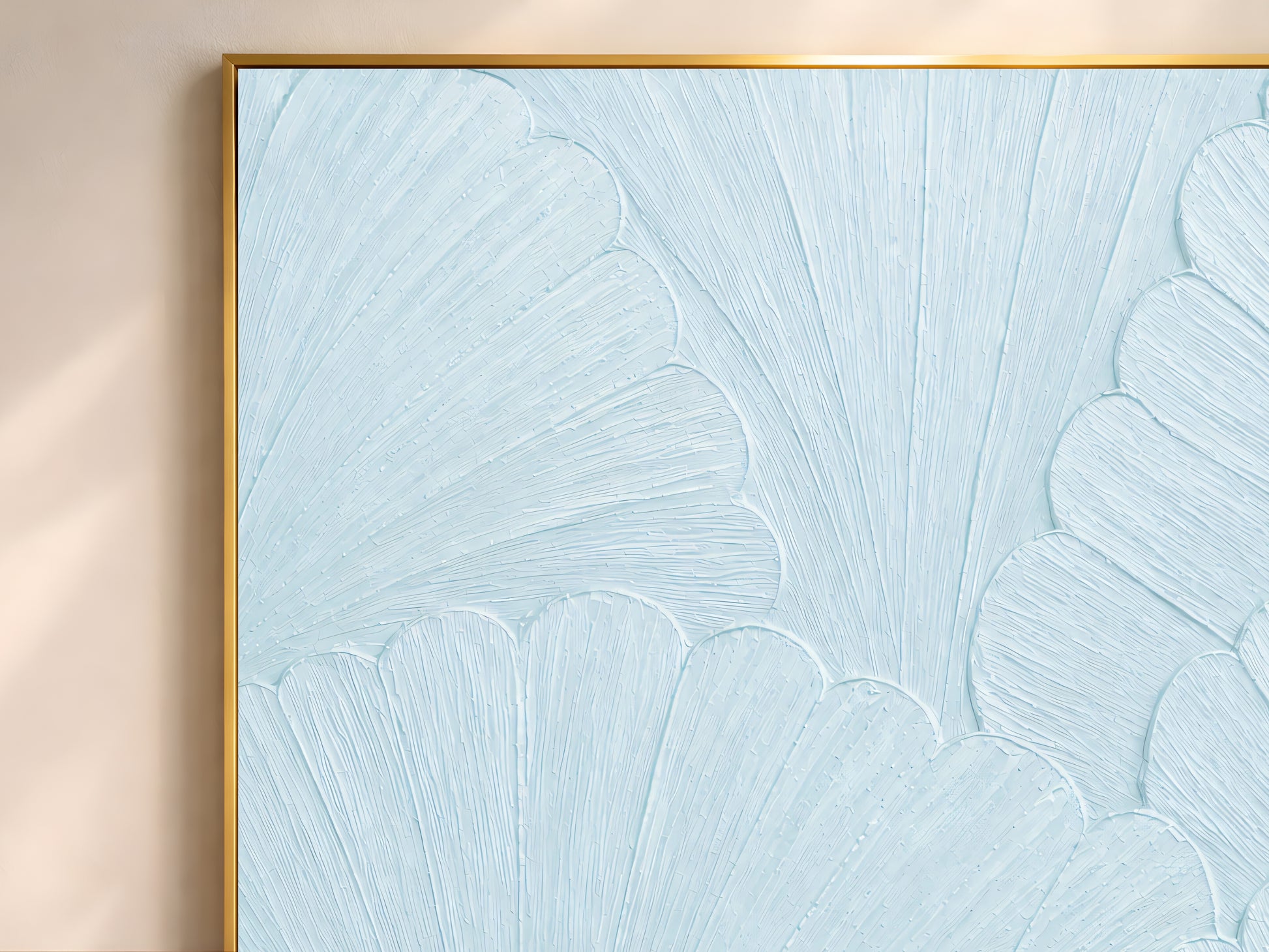 Close-up of thin gold frame edge on powder blue scalloped mosaic print, showing impasto texture detail
