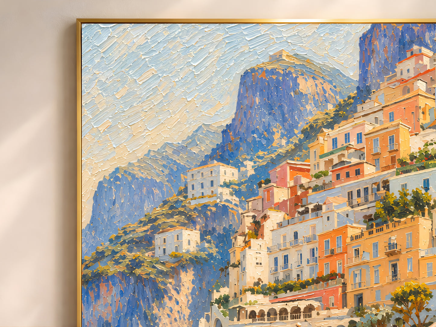 Close-up detail of the impasto oil painting texture, showing thick palette-knife brushstrokes across the Positano cliffside village and coastline.
