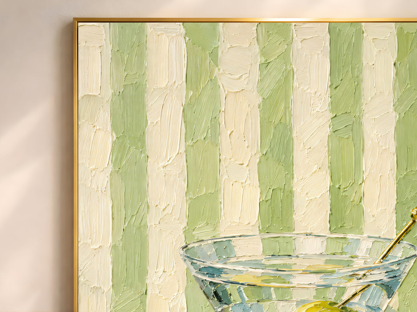 Close-up of impasto martini glass brushstrokes on green and cream striped texture
