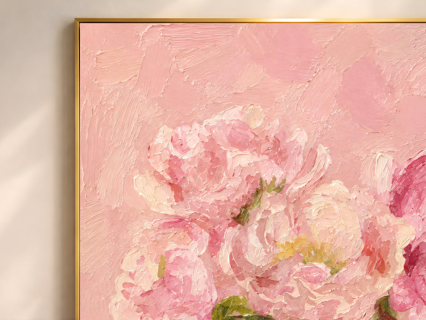 Close-up of impasto peony brushstrokes in blush pink and cream oil texture