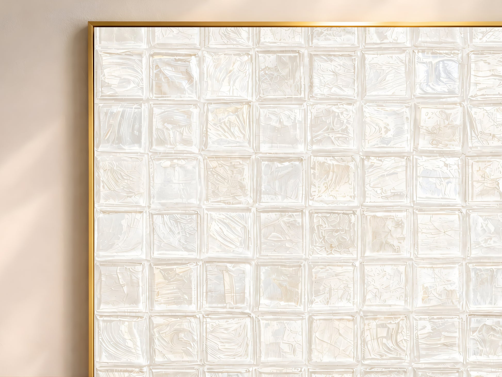Close-up of white pearl impasto mosaic tile wall art in a gold frame showing swirling brushstroke texture and iridescent sheen on each tile square

