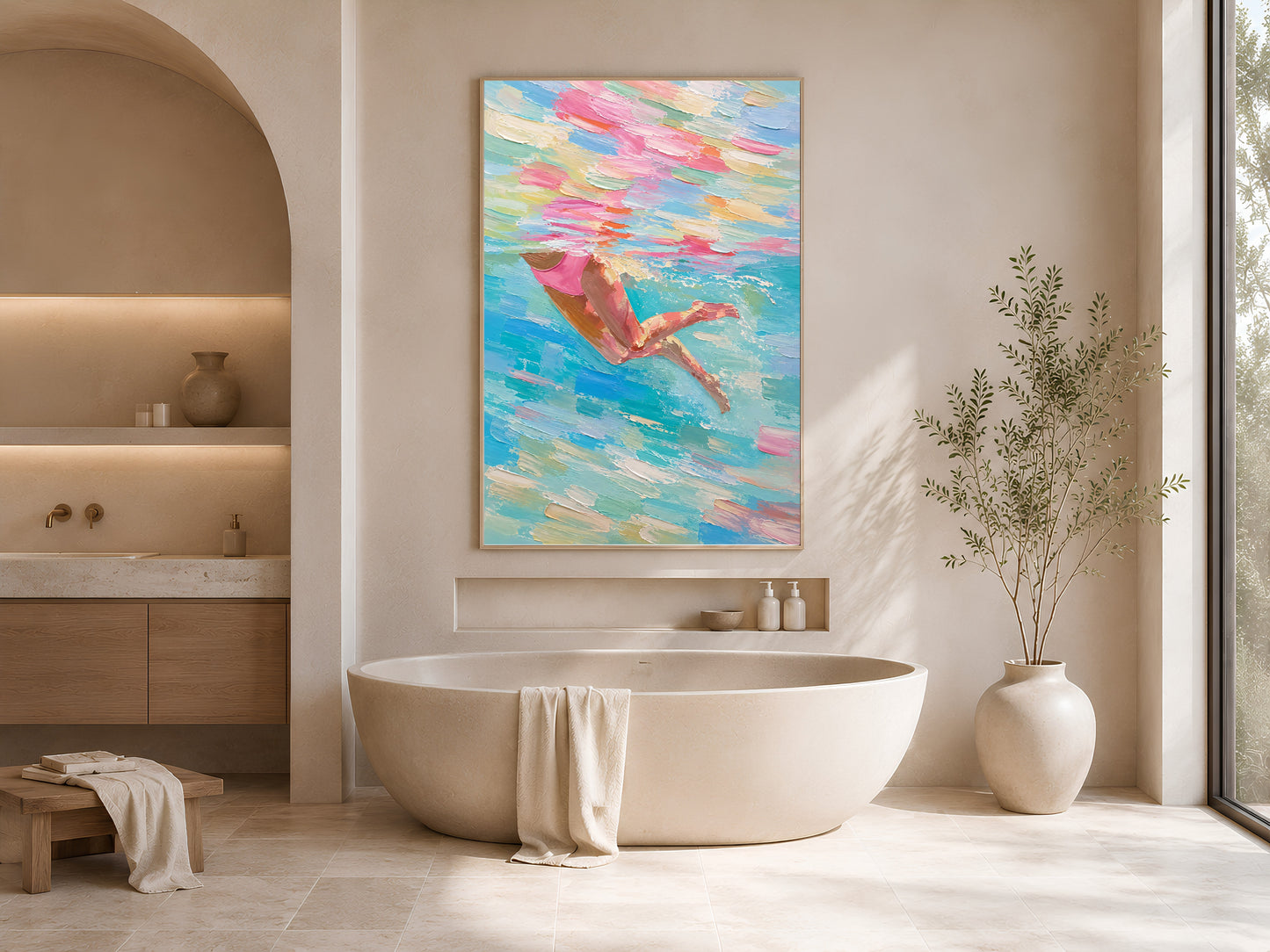 Woman swimmer diving impasto painting in a gold frame displayed in a warm neutral bathroom with a freestanding tub, arched niche with botanicals, and soft natural light

