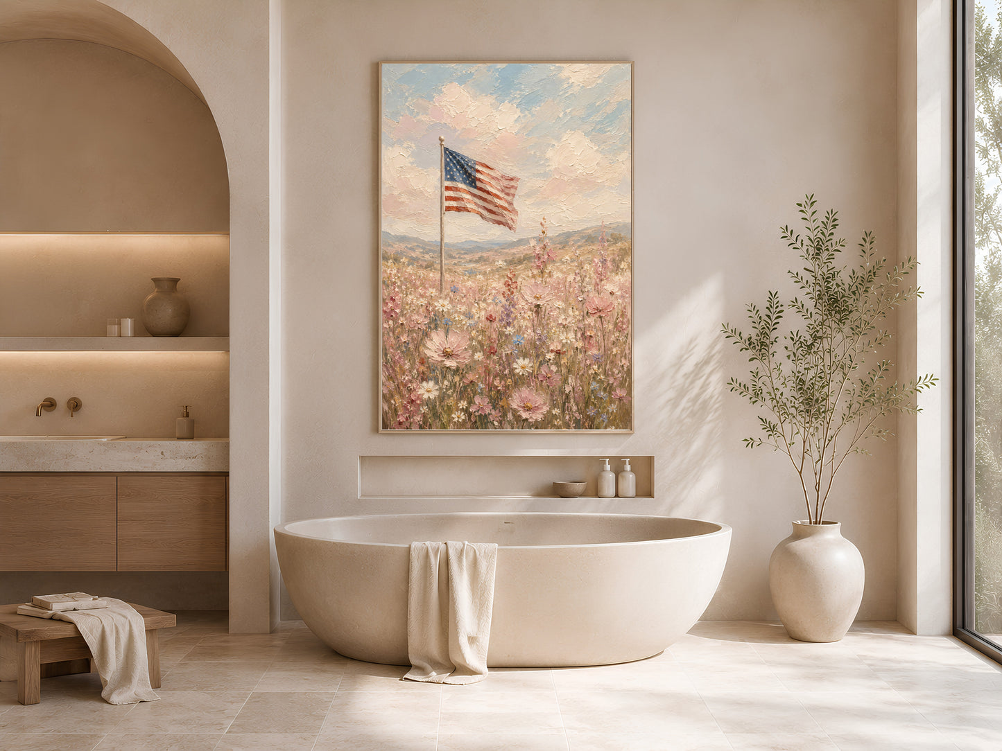 American flag wildflower field impasto painting in a gold frame displayed in a warm neutral bathroom with a freestanding tub, arched niche with botanicals, and soft natural light
