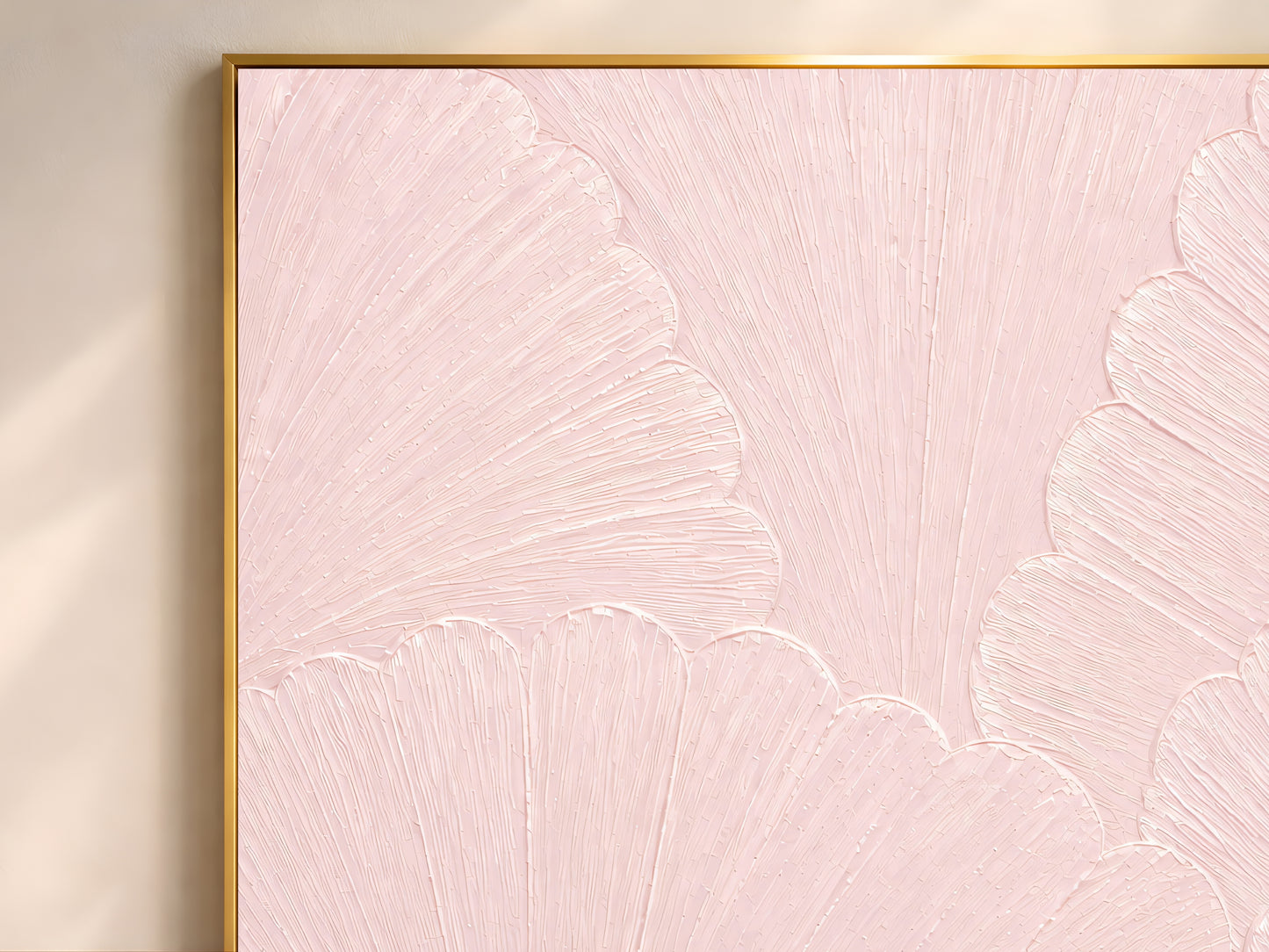 Close-up of thin gold frame edge on ballet pink scalloped mosaic print, showing impasto texture detail