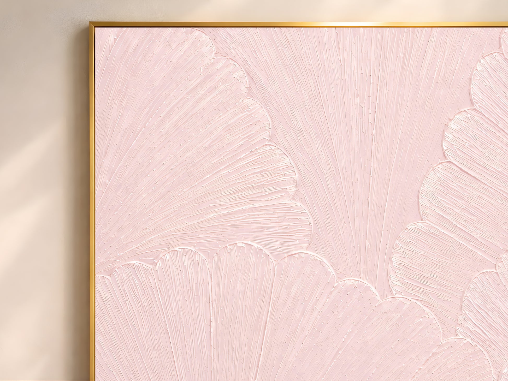 Close-up of thin gold frame edge on ballet pink scalloped mosaic print, showing impasto texture detail