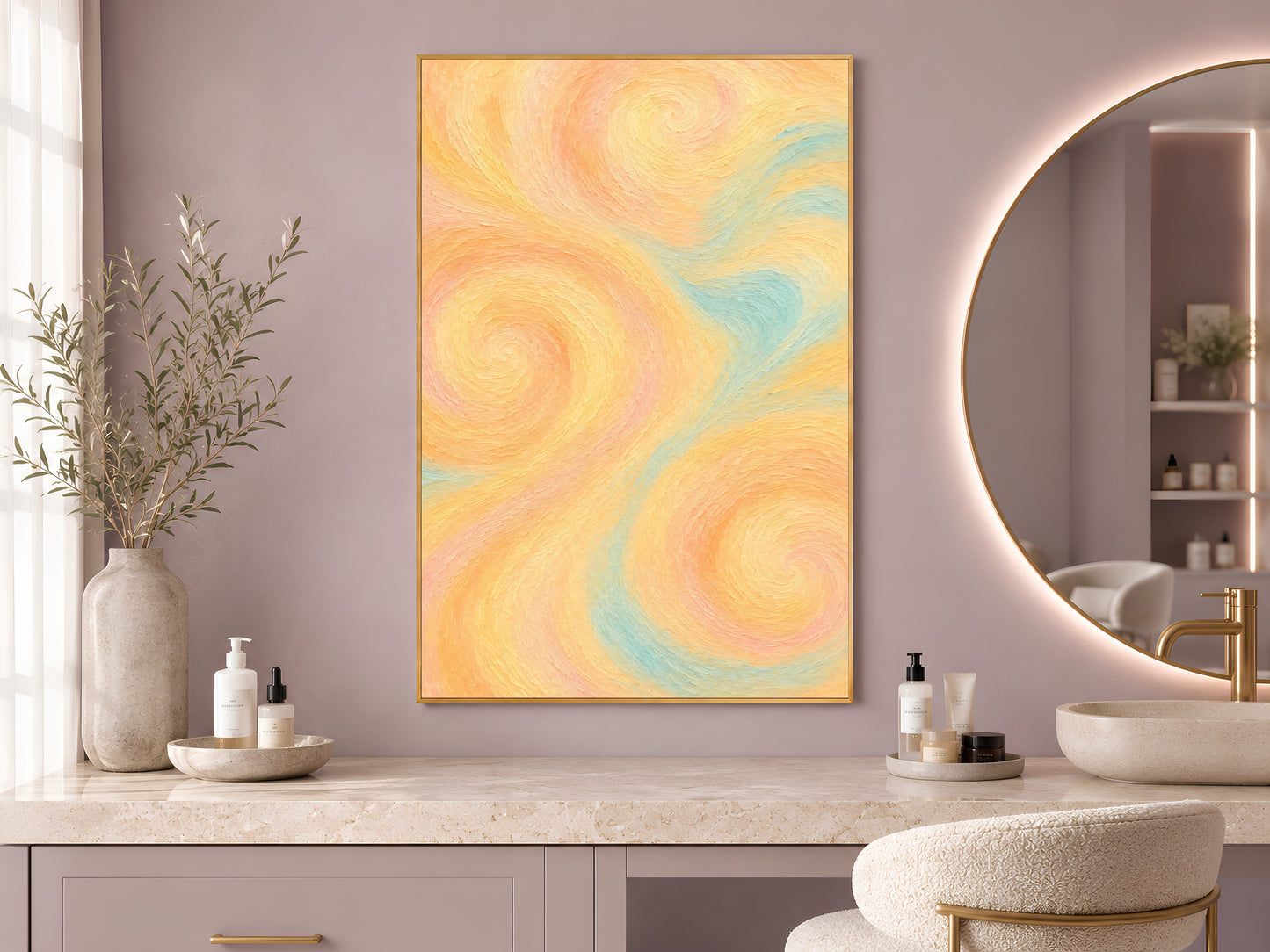 Butter yellow abstract swirl print framed above a counter beside a round mirror