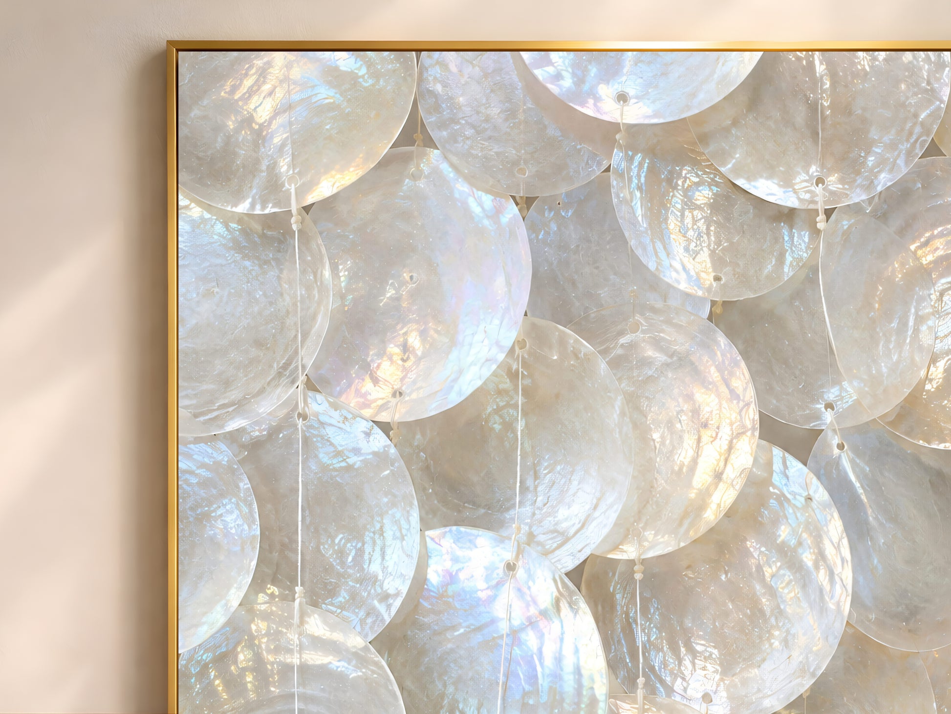 Close-up of iridescent capiz shell wall art print showing overlapping pearl-white shell discs.
