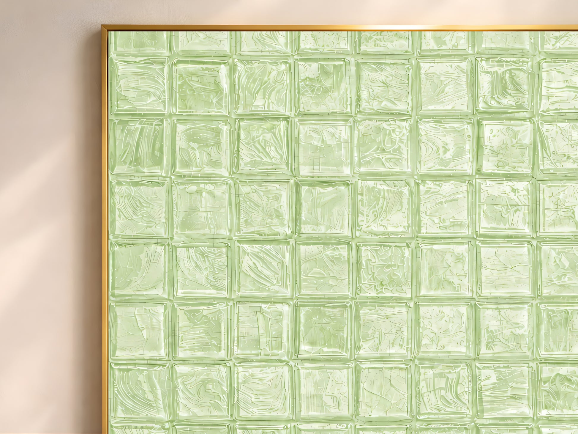 Close-up of sage green impasto mosaic tile wall art in a gold frame showing swirling brushstroke texture detail on each tile square

