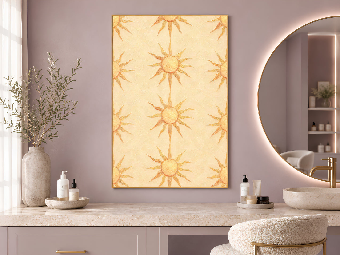 Butter yellow sun motif print framed above a vanity counter beside a round mirror
