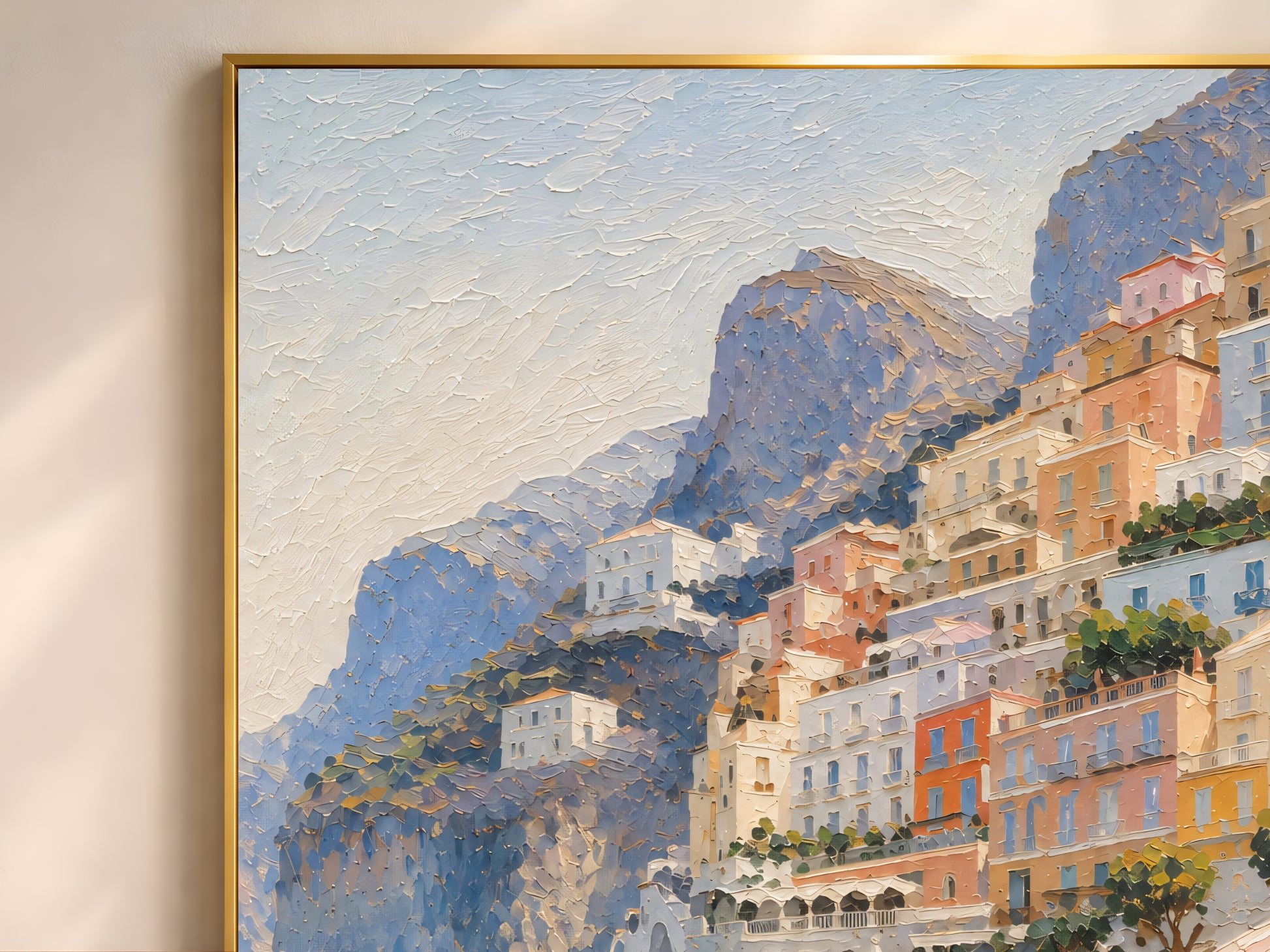 Close-up of impasto Positano wall art showing cliffside town and mountain texture