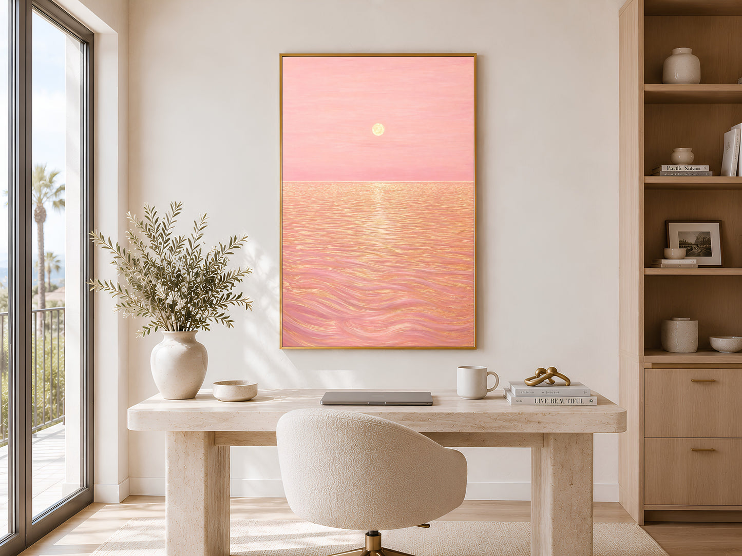 Pink sunset ocean wall art framed in home office nook with desk and natural light
