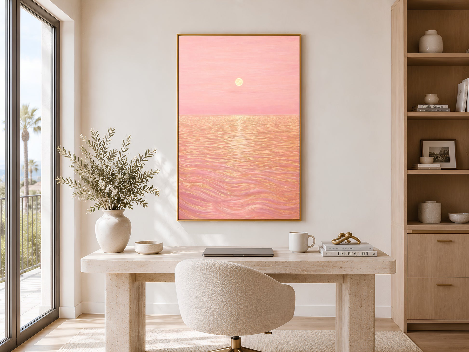 Pink sunset ocean wall art framed in home office nook with desk and natural light
