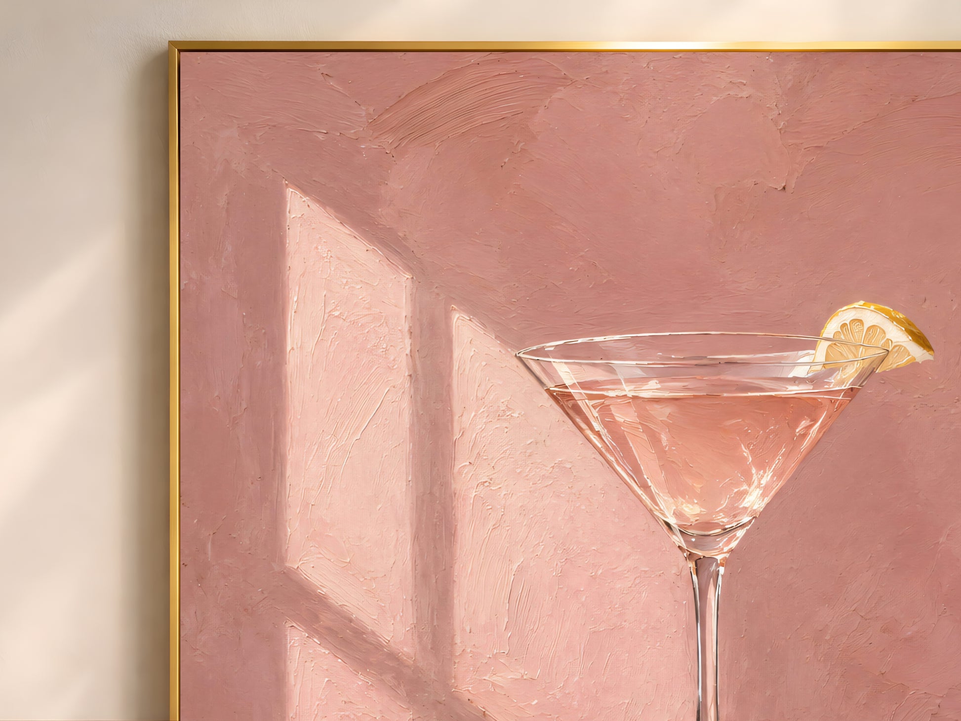 Close-up detail of martini cocktail impasto oil painting, cosmopolitan glass texture
