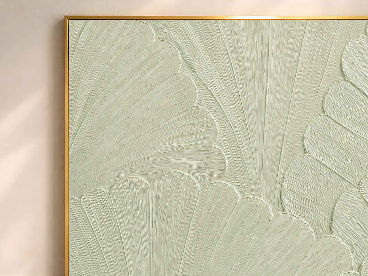 Close-up of thin gold frame edge on celadon scalloped mosaic print, showing impasto texture detail
